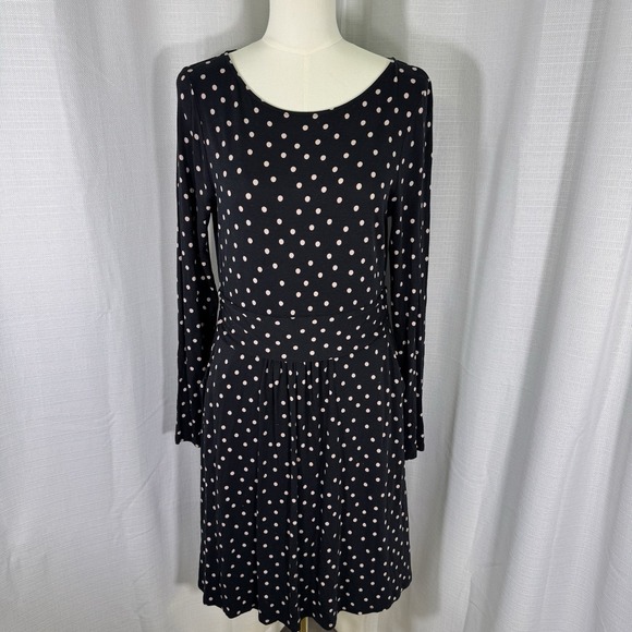Boden Abigail Dress Womens 10R Polka Dot Navy Pink Midi Long Sleeve Jersey Knit - Picture 2 of 16